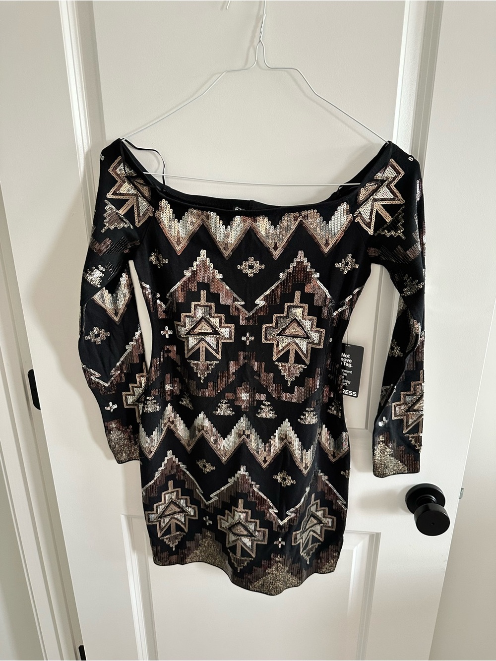 Black Sequin Aztec Pattern Off-Shoulder Mini Dress